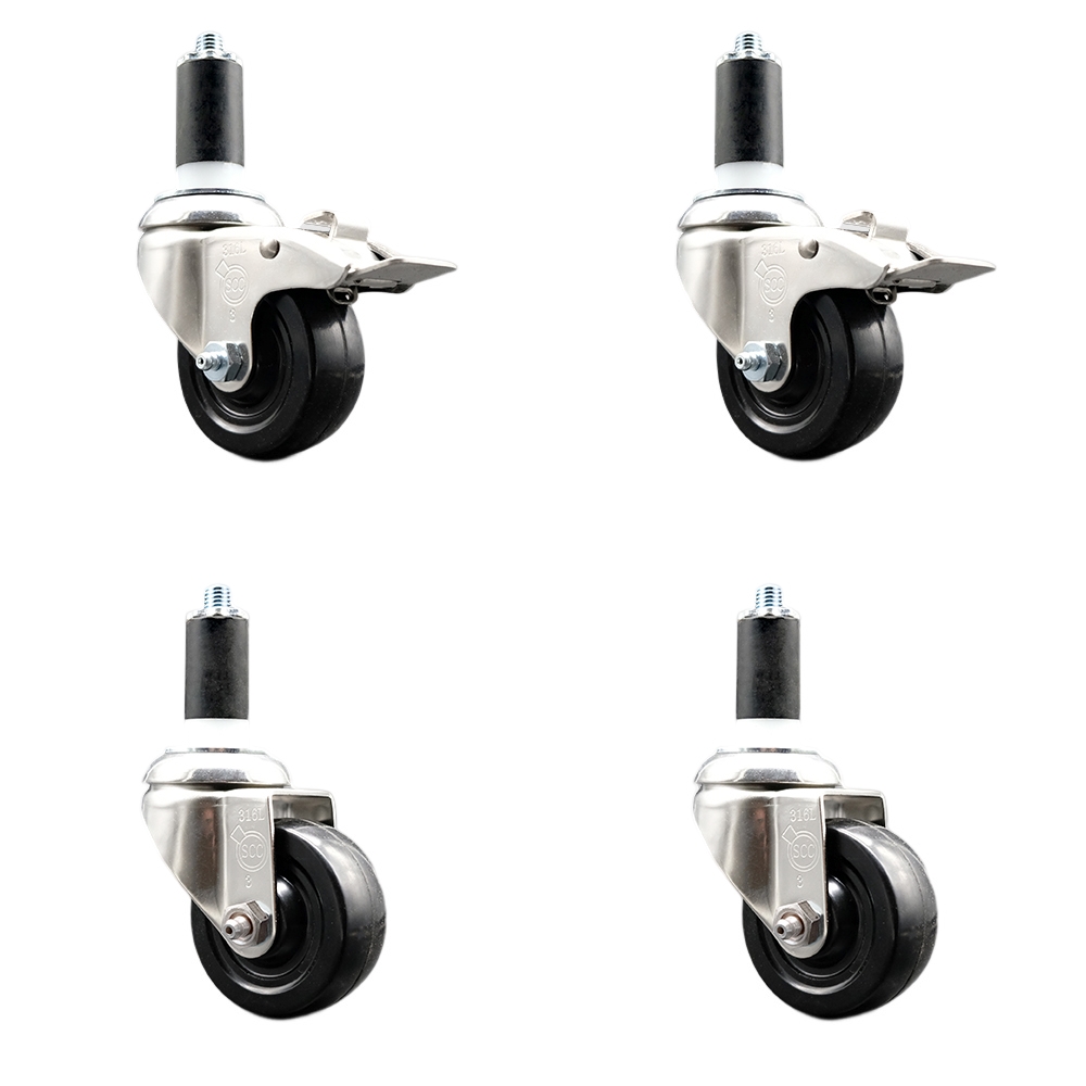 Soft Rubber Swivel Stem Caster with 3 in. Caster Wheels 1.25 in. Expanding Stem 316 Stainless Steel Casters - Set of 4