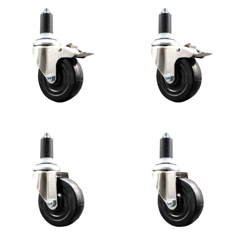 Soft Rubber Swivel Stem Caster with 4 in. Caster Wheels 1.25 in. Expanding Stem 316 Stainless Steel Casters - Set of 4