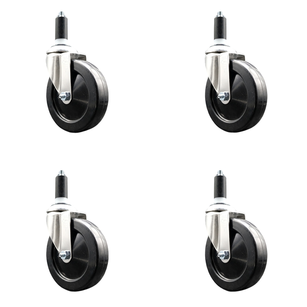 Soft Rubber Swivel Stem Caster with 5 in. Black Caster Wheels 1.25 in. Expanding Stems 316 Stainless Steel Casters - Set of 4