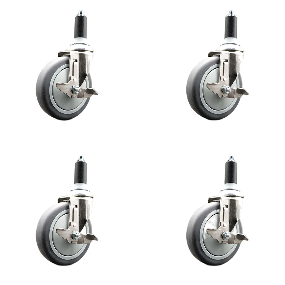 Thermoplastic Rubber Swivel Stem Caster with 5 in. Caster Wheels, 1.25 in. Expanding Stems - 316 Stainless Steel Casters - Set of 4