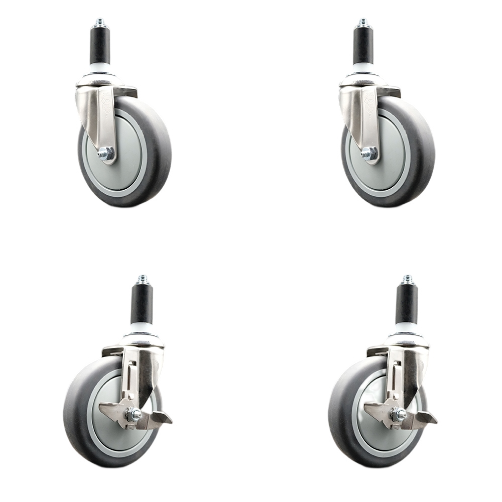 Thermoplastic Rubber Swivel Stem Caster with 5 in. Caster Wheels, 1.25 in. Expanding Stems - 316 Stainless Steel Casters - Set of 4
