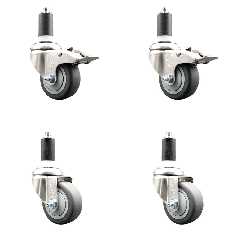 Thermoplastic Rubber Swivel Stem Caster with 3.5 in. Caster Wheels, 1.38 in. Expanding Stem - 316 Stainless Steel Casters - Set of 4