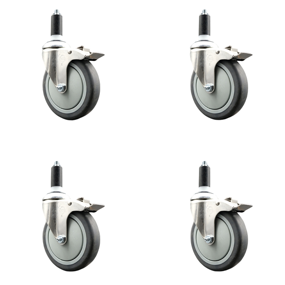 Thermoplastic Rubber Swivel Stem Caster with 5 in. Caster Wheels, 1.38 in. Expanding Stems - 316 Stainless Steel Casters - Set of 4