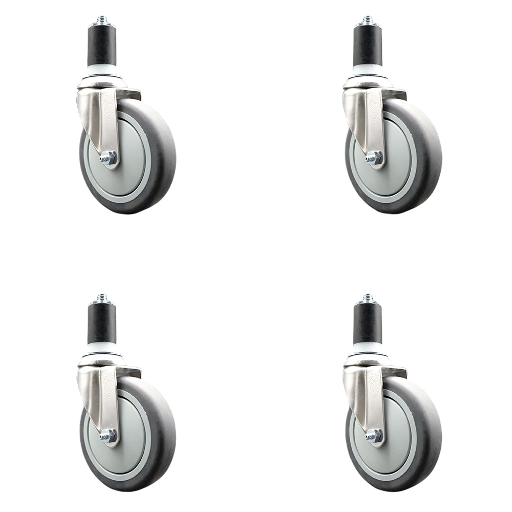 Thermoplastic Rubber Swivel Stem Caster with 5 in. Gray Caster Wheels, 1.63 in. Expanding Stems - 316 Stainless Steel Casters - Set of 4