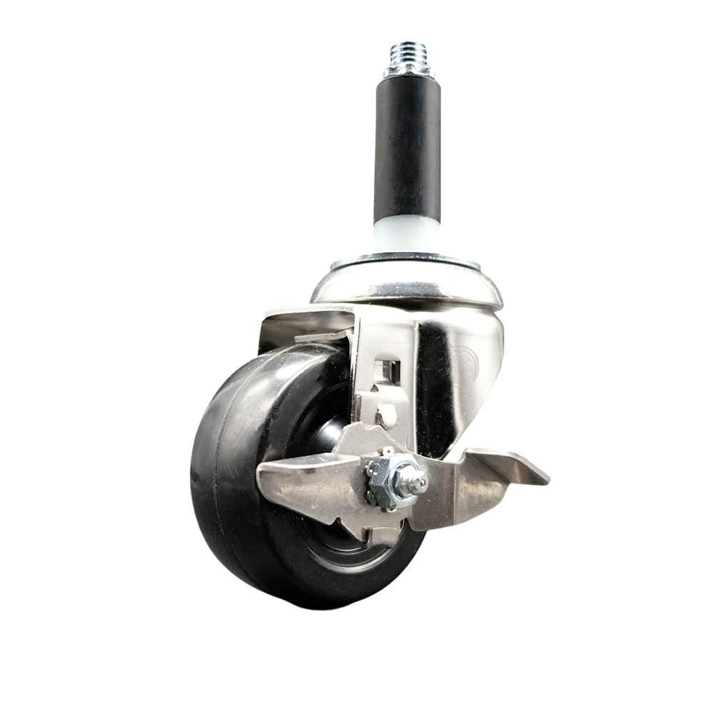 Soft Rubber Swivel Stem Caster with 3 in. Black Caster Wheel & Top Lock Brake 0.75 in. Expanding Stem 316 Stainless Steel Caster