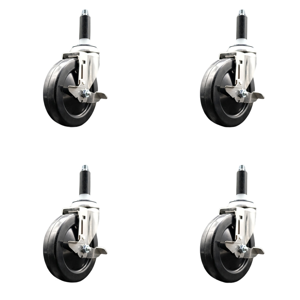 Soft Rubber Swivel Stem Caster with 5 in. Caster Wheels 0.75 in. Expanding Stems 316 Stainless Steel Casters - Set of 4