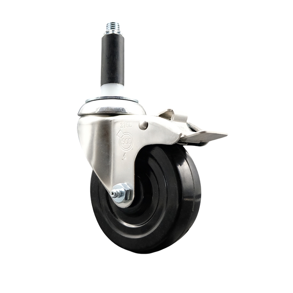 Soft Rubber Swivel Stem Caster with 4 in. Black Caster Wheel & Total Lock Brake 0.87 in. Expanding Stem 316 Stainless Steel Caster