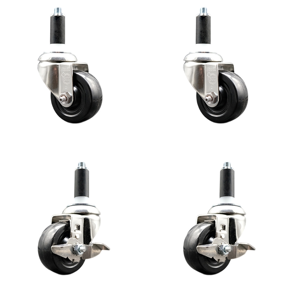 SCC-SS316EX20S314-SRS-2-TLB-2-1 Soft Rubber Swivel Stem Caster with 3 in. Caster Wheels 1 in. Expanding Stems 316 Stainless Steel Casters - Set of 4