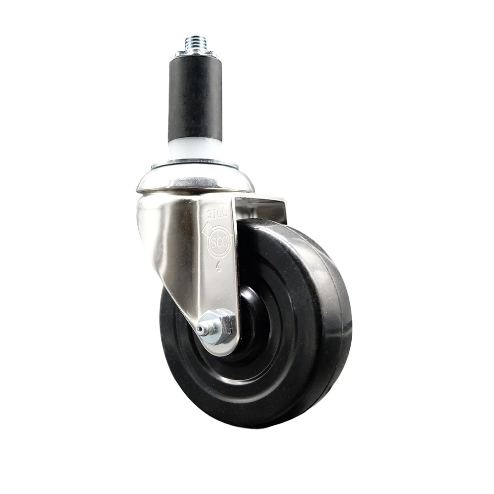 SCC-SS316EX20S414-SRS-114 Soft Rubber Swivel Stem Caster with 4 in. Black Caster Wheel 1.25 in. Expanding Stem 316 Stainless Steel Caster
