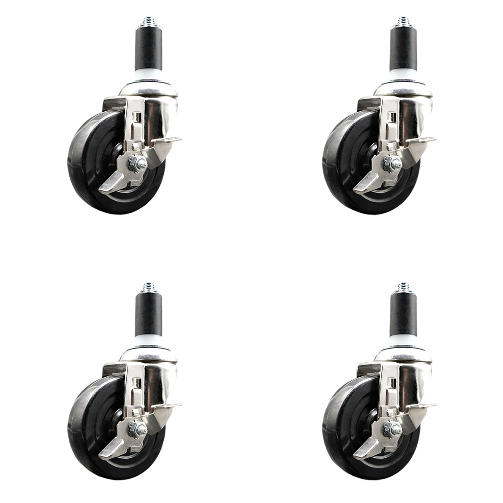 Soft Rubber Swivel Stem Caster with 4 in. Caster Wheels 1.25 in. Expanding Stems 316 Stainless Steel Casters - Set of 4