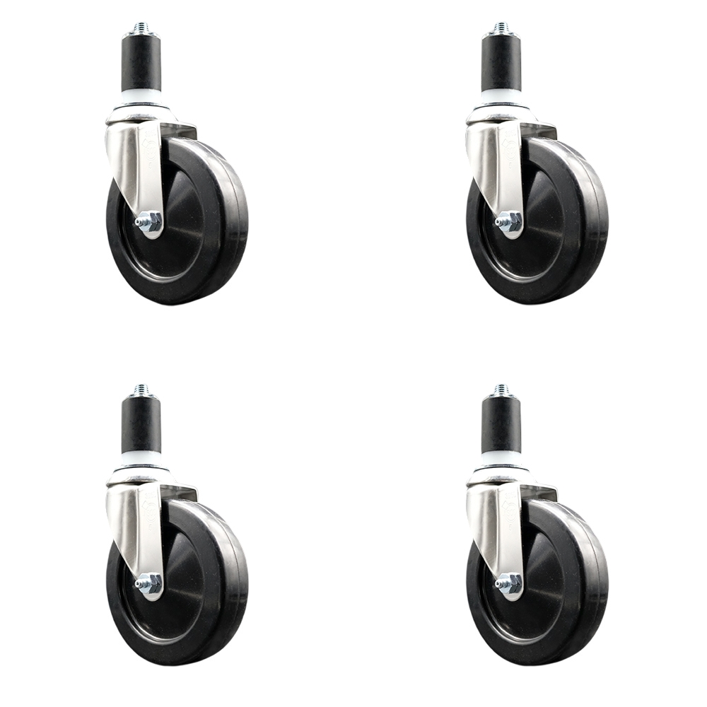 Soft Rubber Swivel Stem Caster with 5 in. Black Caster Wheels 1.5 in. Expanding Stems 316 Stainless Steel Casters - Set of 4