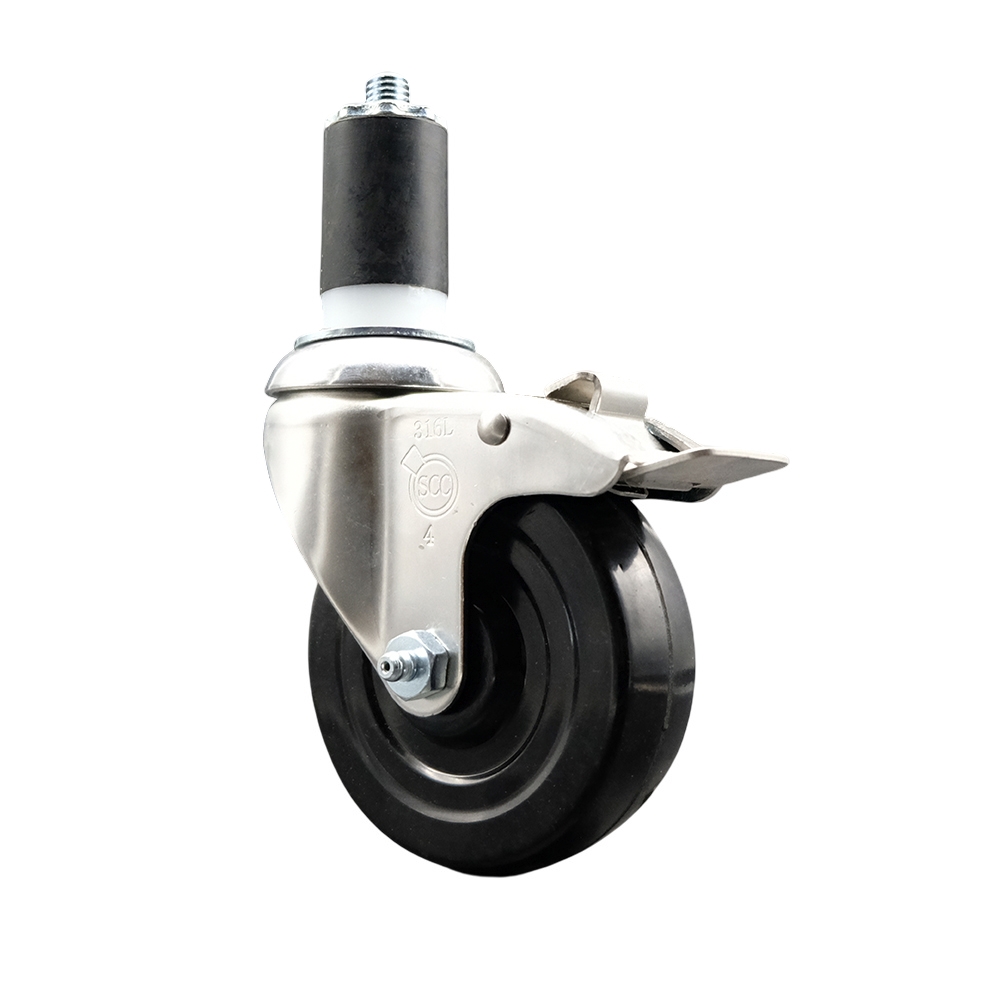 Soft Rubber Swivel Stem Caster with 4 in. Black Caster Wheel & Total Lock Brake 1.63 in. Expanding Stem 316 Stainless Steel Caster