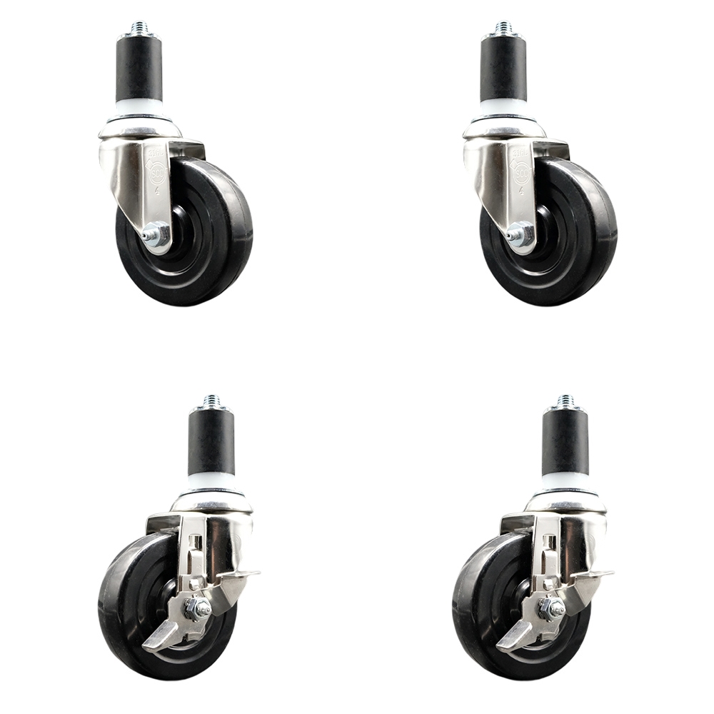 Soft Rubber Swivel Stem Caster with 4 in. Caster Wheels 1.63 in. Expanding Stems 316 Stainless Steel Casters - Set of 4