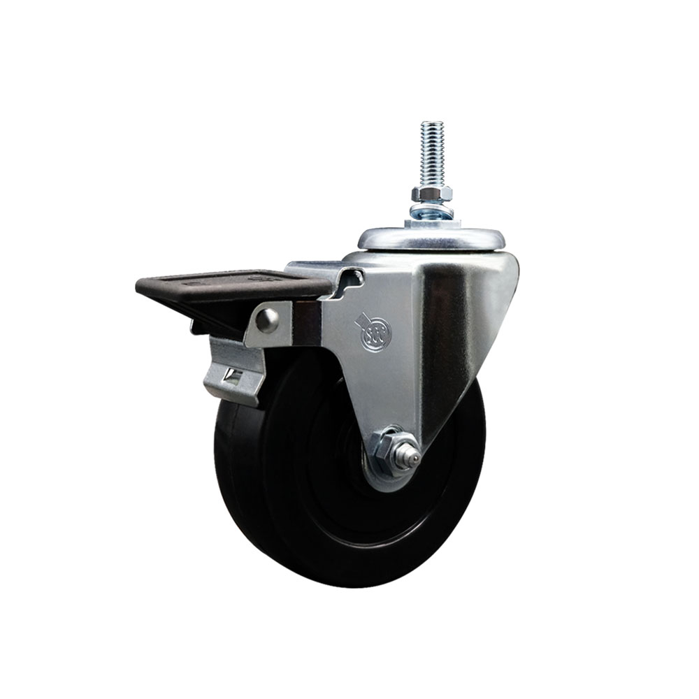 SCC-TS20S414-SRS-PLB-M1215 Soft Rubber Swivel Threaded Stem Caster with 4 x 1.25 in. Black Wheel & 12 mm Stem & Posi Locking Brake