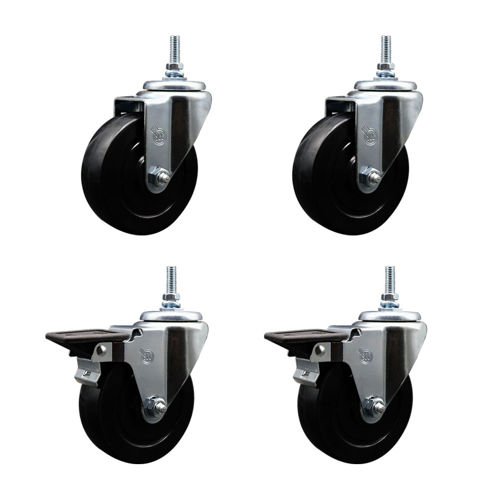 SCC-TS20S414-SRS-M1215-2-PLB-2 Soft Rubber Swivel Threaded Stem Caster with 4 x 1.25 in. Black Wheels & 12 mm Stems - Set of 4