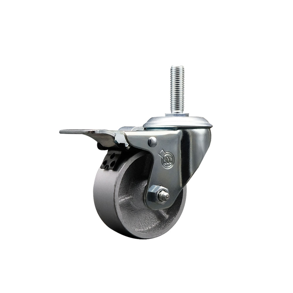 Semi Steel Cast Iron Swivel Threaded Stem Caster with Roller Bearing 3 x 1.5 in. Silver Wheel & 0.75 in. Stem & Total Locking Brake