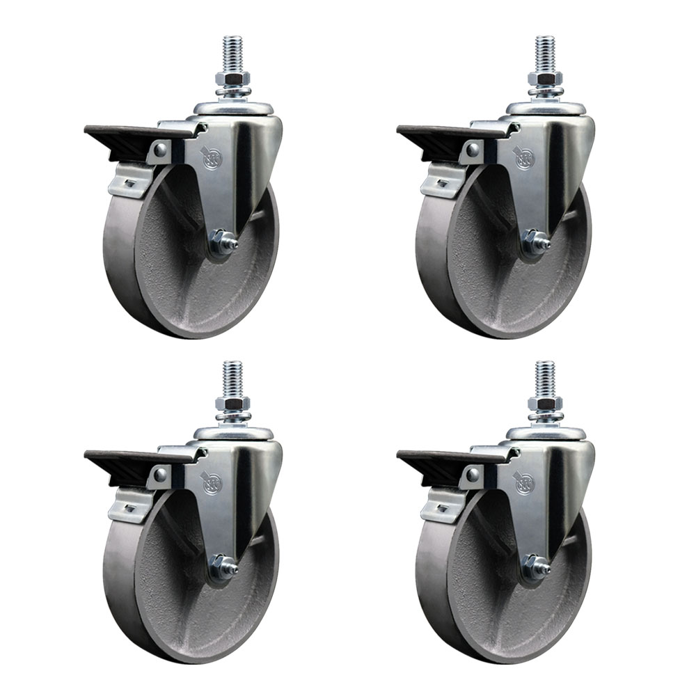 Semi Steel Cast Iron Swivel Threaded Stem Caster with Roller Bearing, 5 x 1.5 in. Silver Wheels & 10 mm Stems - Set of 4