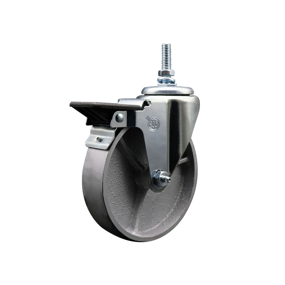Semi Steel Cast Iron Swivel Threaded Stem Caster with Roller Bearing 5 x 1.5 in. Silver Wheel & 12 mm Stem & Posi Locking Brake