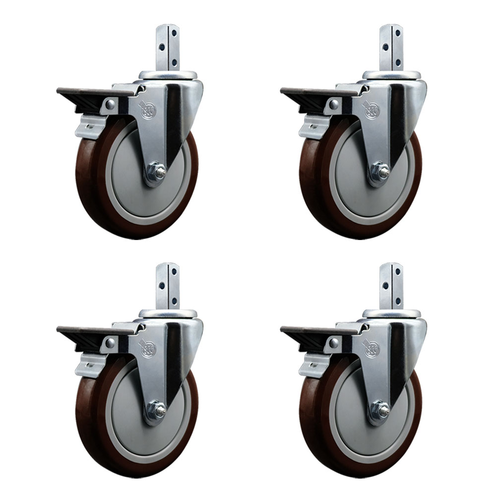 Swivel Square Stem Caster with 5 x 1.25 in. Maroon Poly Wheel, 0.87 x 2 in. Square Stem with 3 0.26 in. Diameter Mounting Holes - Set of 4
