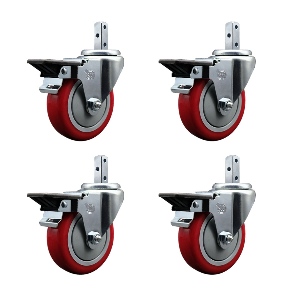 Swivel Square Stem Caster with 4 x 1.25 in. Red Poly Wheel, 0.87 x 2 in. Square Stem with 3 0.26 in. Diameter Mounting Holes - Set of 4