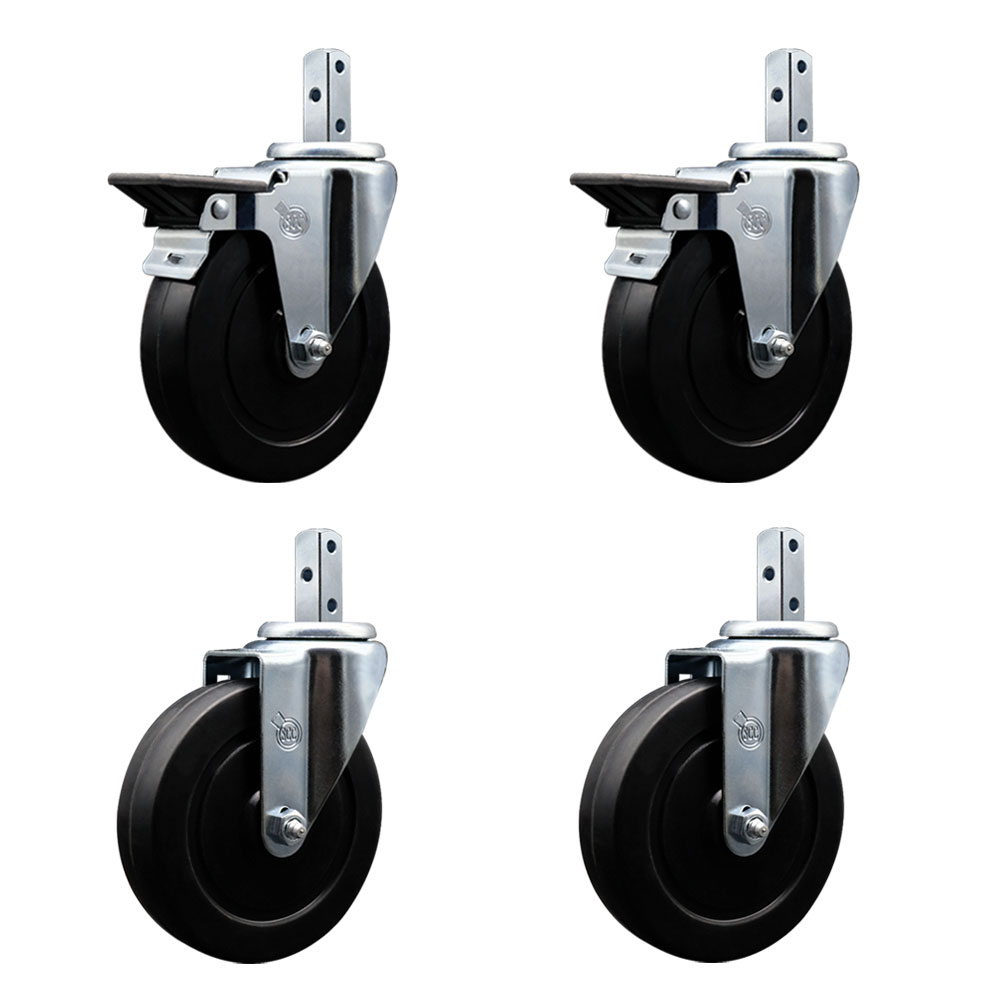Swivel Square Stem Caster with 5 x 1.25 in. Black Soft Rubber Wheel, 0.75 x 2 in. Square Stem with 3 0.26 in. Diameter Mounting Holes - Set of 4