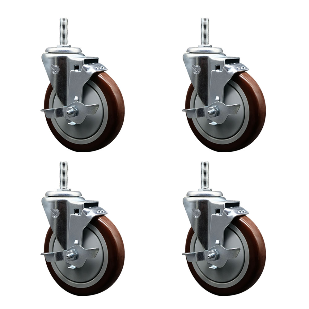 SCC-TS20S514-PPUB-MRN-TLB-34212-4 Polyurethane Swivel Threaded Stem Caster with 5 x 1.25 in. Maroon Wheels & 0.75 in. Stems - Set of 4