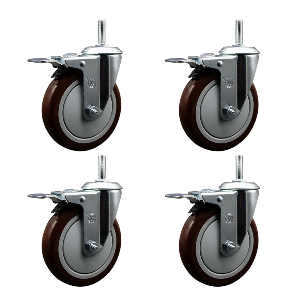 SCC-TSTTL20S514-PPUB-MRN-34212-4 Polyurethane Swivel Threaded Stem Caster with 5 x 1.25 in. Maroon Wheels & 0.75 in. Stems - Set of 4