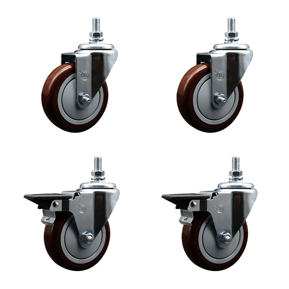 SCC-TS20S414-PPUB-MRN-M1015-2-PLB-2 Polyurethane Swivel Threaded Stem Caster with 4 x 1.25 in. Maroon Wheels & 10 mm Stems - Set of 4