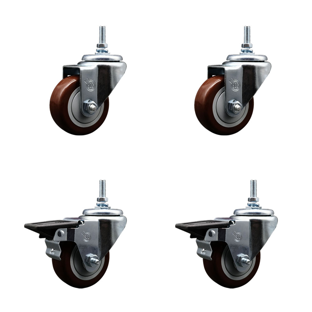 SCC-TS20S314-PPUB-MRN-M1215-2-PLB-2 Polyurethane Swivel Threaded Stem Caster with 3 x 1.25 in. Maroon Wheels & 12 mm Stems - Set of 4