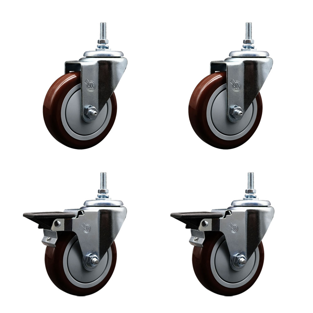 SCC-TS20S414-PPUB-MRN-M1215-2-PLB-2 Polyurethane Swivel Threaded Stem Caster with 4 x 1.25 in. Maroon Wheels & 12 mm Stems - Set of 4