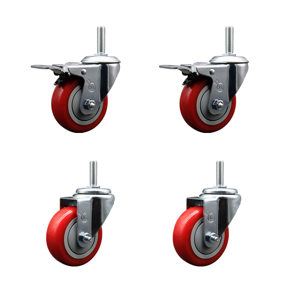 SCC-TSTTL20S3514-PPUB-RED-34212-2-S2 Polyurethane Swivel Threaded Stem Caster with 3.5 x 1.25 in. Red Wheels & 0.75 in. Stems - Set of 4