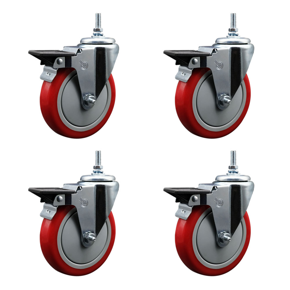 SCC-TS20S514-PPUB-RED-PLB-381615-4 Polyurethane Swivel Threaded Stem Caster with 5 x 1.25 in. Red Wheels & 0.38 in. Stems - Set of 4
