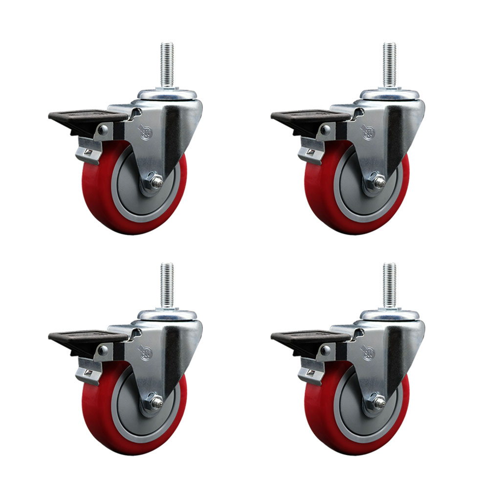 SCC-TS20S414-PPUB-RED-PLB-58212-4 Polyurethane Swivel Threaded Stem Caster with 4 x 1.25 in. Red Wheels & 0.63 in. Stems - Set of 4
