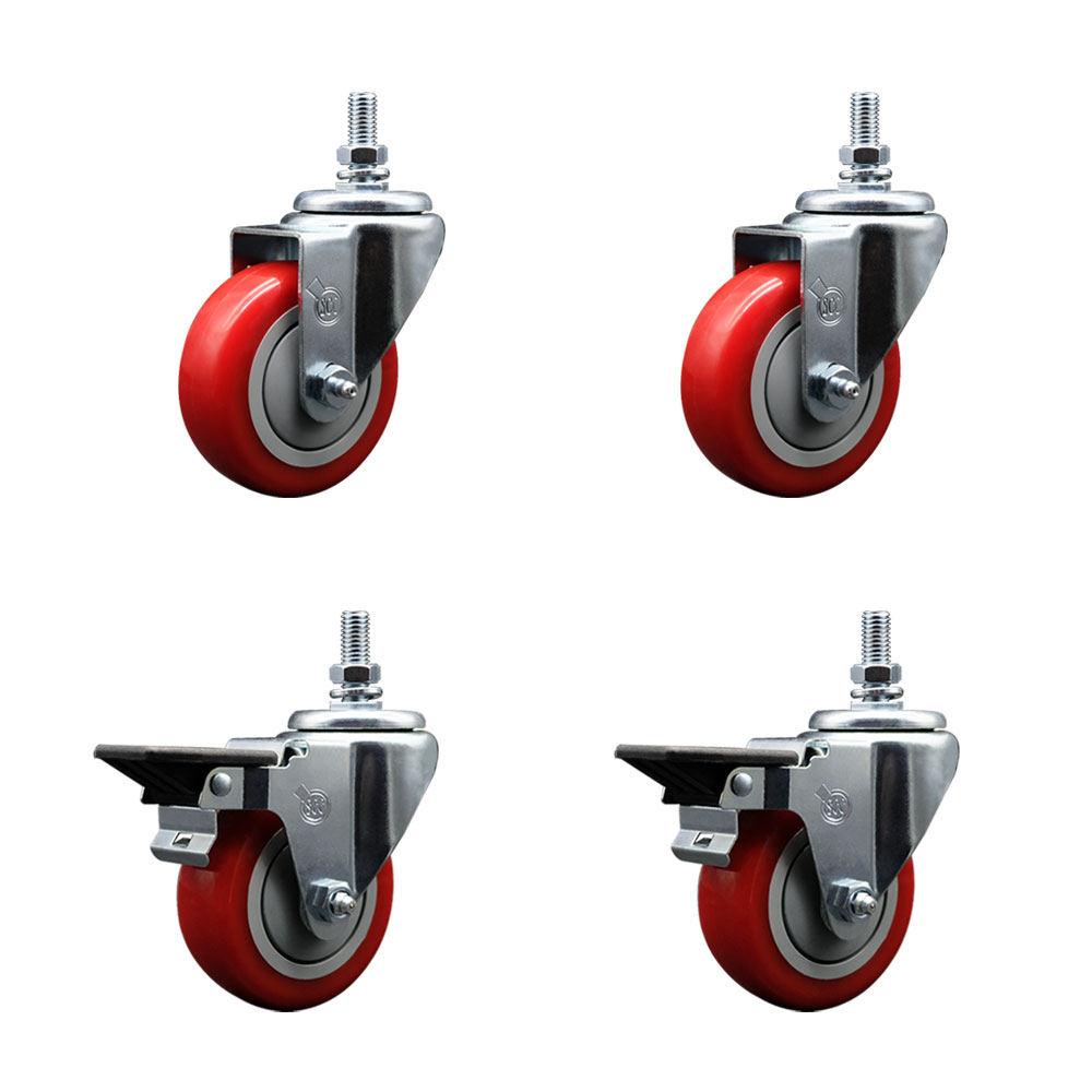 SCC-TS20S3514-PPUB-RED-M1015-2-PLB-2 Polyurethane Swivel Threaded Stem Caster with 3.5 x 1.25 in. Red Wheels & 10 mm Stems - Set of 4