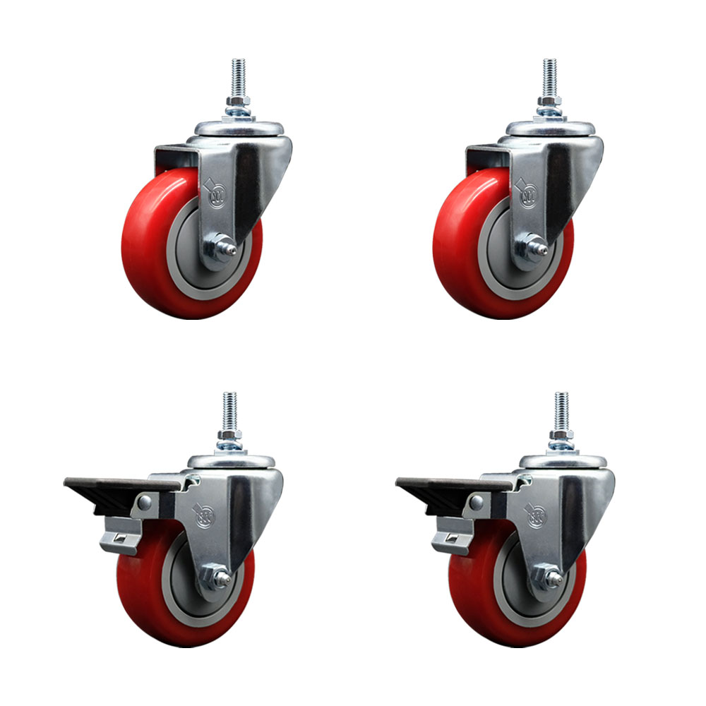 SCC-TS20S3514-PPUB-RED-M1215-2-PLB-2 Polyurethane Swivel Threaded Stem Caster with 3.5 x 1.25 in. Red Wheels & 12 mm Stems - Set of 4