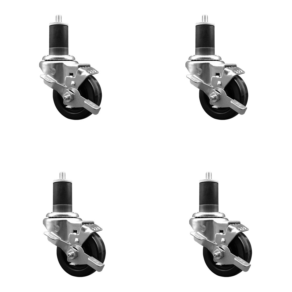 Stainless Steel Phenolic Swivel Expanding Stem Caster with 3 in. Black Wheels & 1.63 in. Stems 4 Swivel with Top Locking Brakes - Set of 4