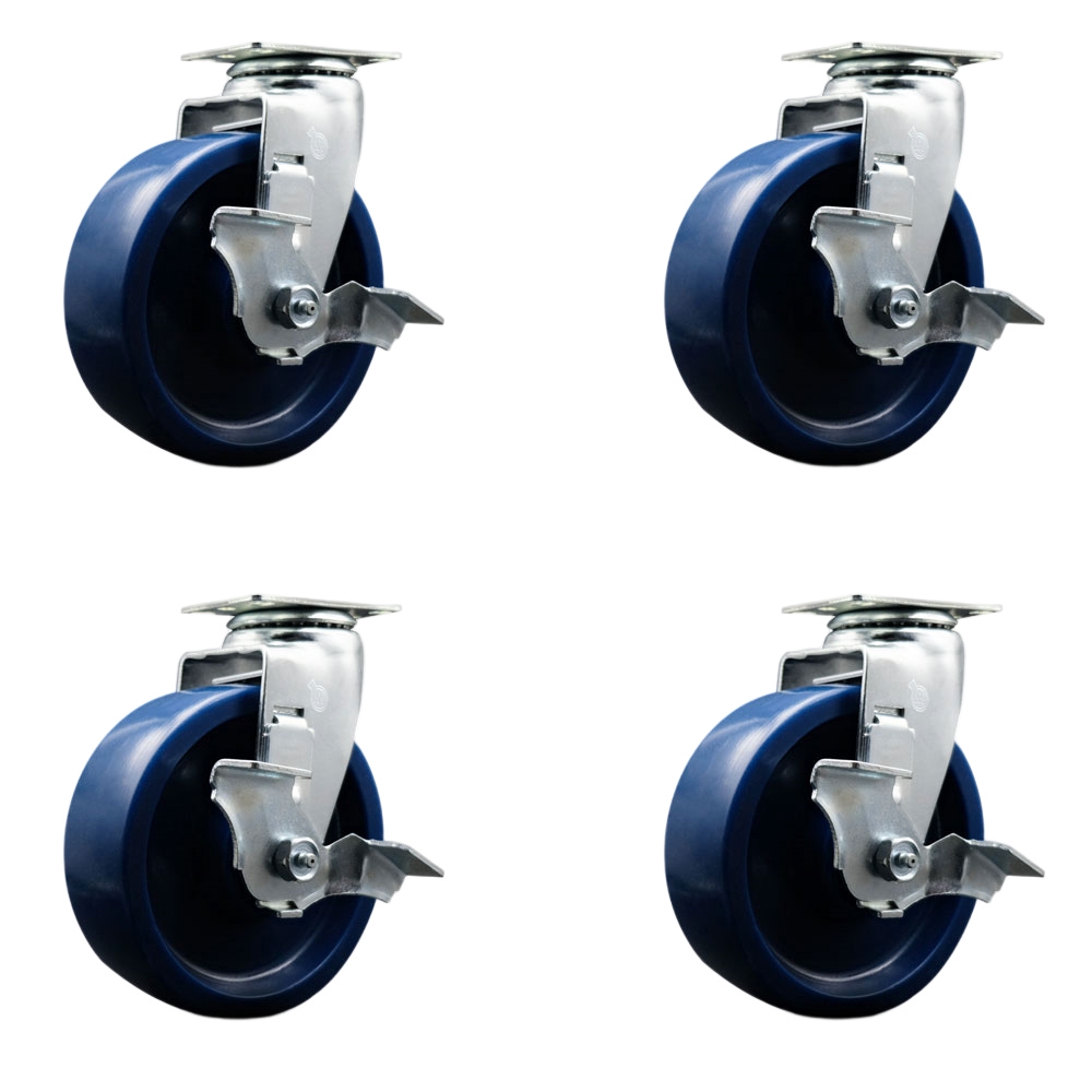 SCC-20S620-SPUR-TLB-4 Swivel Top Plate Caster Set, Blue - 6 in. by 2 in. Solid Polyurethane Wheel Roller Bearing