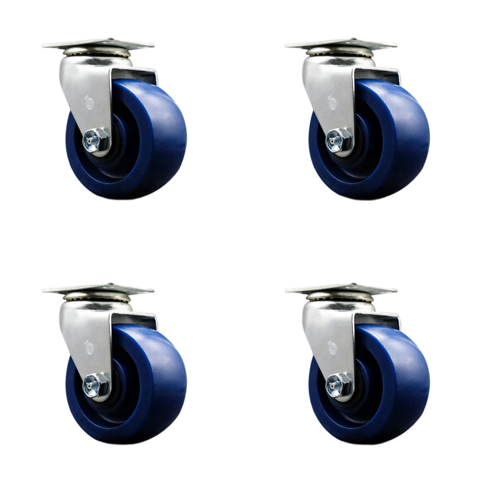 SCC-20S420-SPUB-4 Swivel Top Plate Caster Set, Blue - 4 in. by 2 in. Solid Polyurethane Wheel Ball Bearing