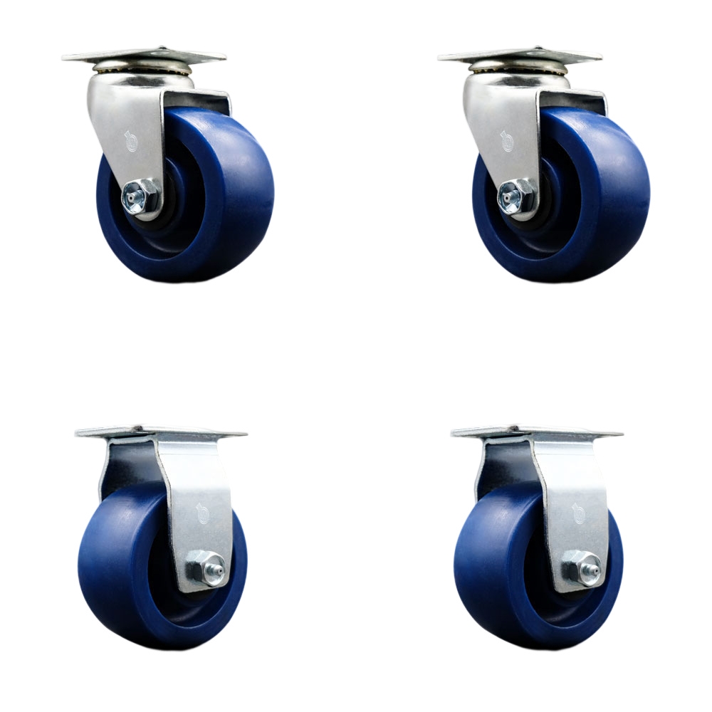 SCC-20S420-SPUB-2-R-2 Swivel & Rigid Top Plate Caster Set, Blue - 4 in. by 2 in. Solid Polyurethane Wheel Ball Bearing