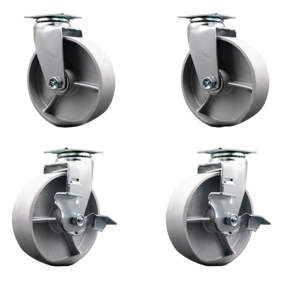 SCC-20S620-SSB-2-TLB-2 Swivel Top Plate Caster Set, Silver - 6 in. by 2 in. Semi Steel Cast Iron Wheel Ball Bearing