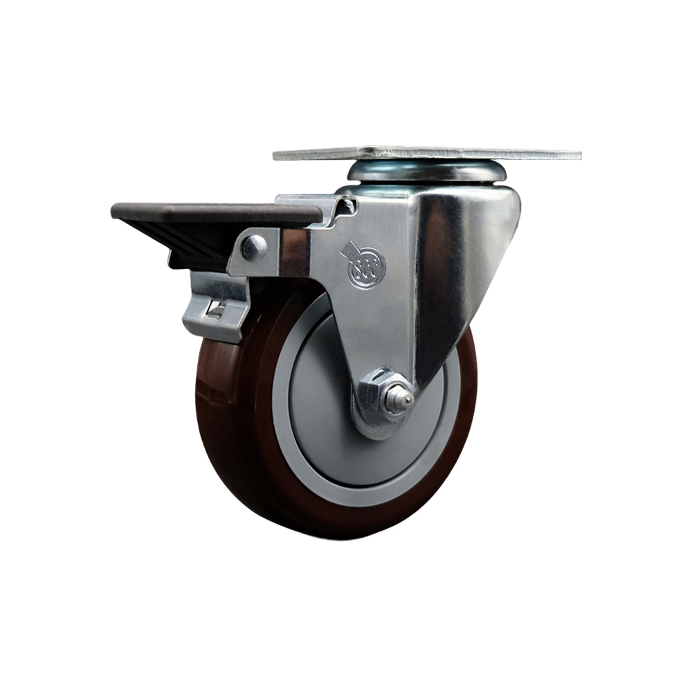 SCC-20S414-PPUB-MRN-PLB Polyurethane Swivel Top Plate Swivel Caster with 4 in. Maroon Wheel & Posi Locking Brake