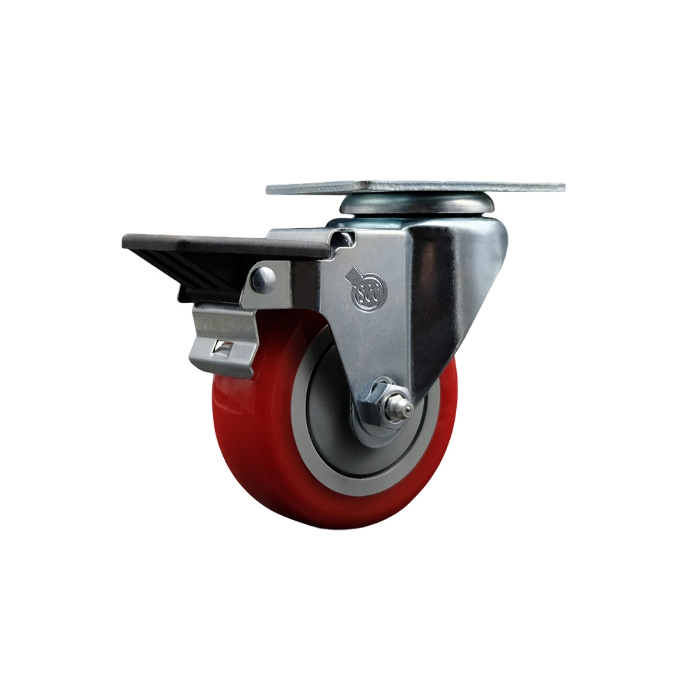 SCC-20S3514-PPUB-RED-PLB Polyurethane Swivel Top Plate Swivel Caster with 3.5 in. Red Wheel & Posi Locking Brake
