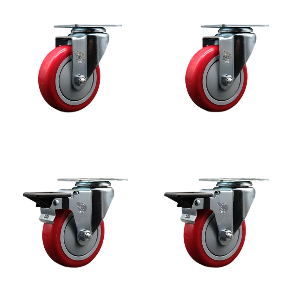 SCC-20S414-PPUB-RED-2-PLB-2 Polyurethane Swivel Top Plate Caster with 4 in. Red Wheels - Set of 4
