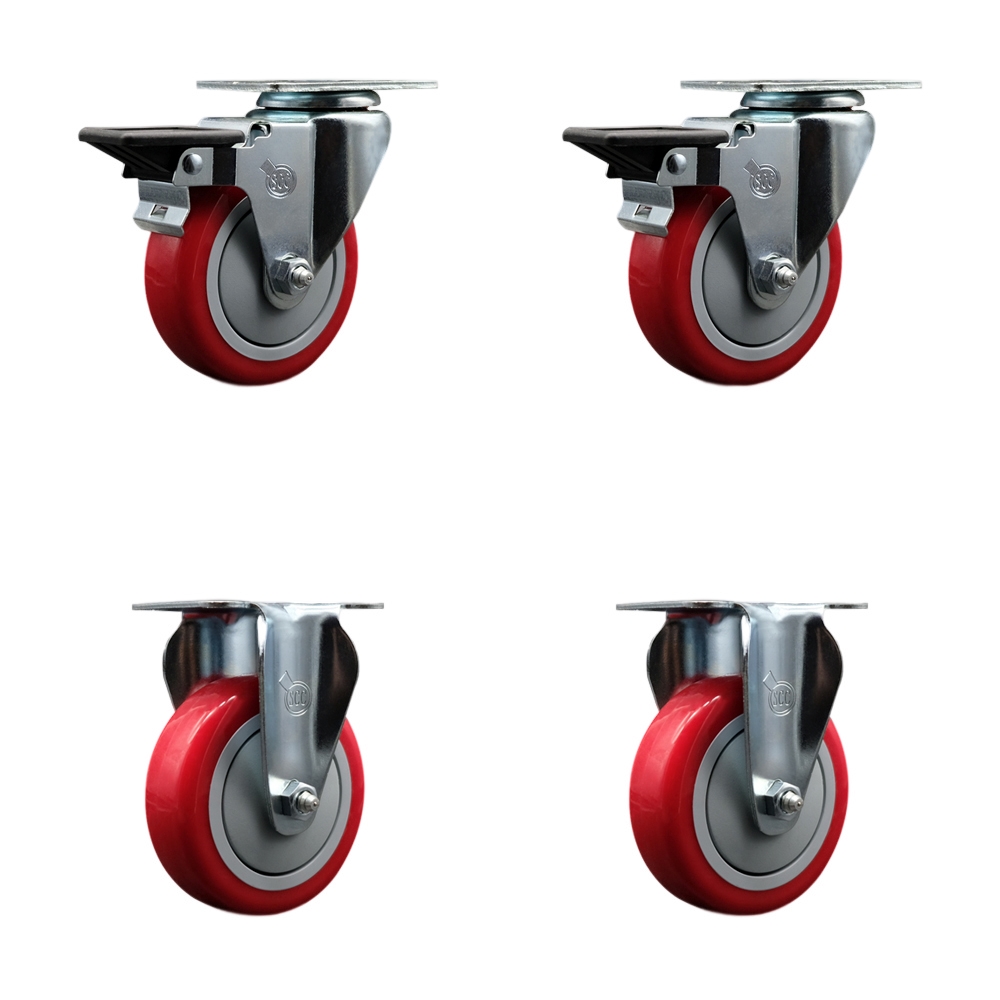 SCC-20S414-PPUB-RED-PLB-2-R-2 Polyurethane Swivel Top Plate Caster with 4 in. Red Wheels - Set of 4