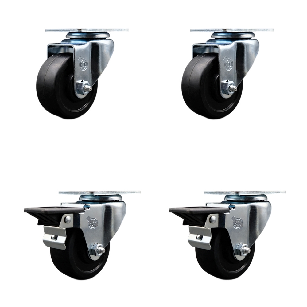 SCC-20S314-SRS-2-PLB-2 Soft Rubber Swivel Top Plate Caster with 3 in. Black Wheels - Set of 4