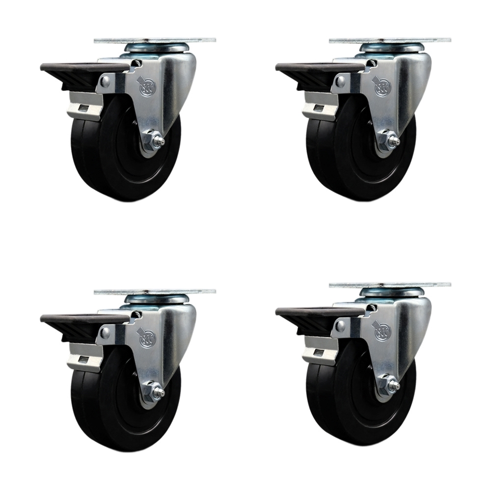 SCC-20S414-SRS-PLB-4 Soft Rubber Swivel Top Plate Caster with 4 in. Black Wheels - Set of 4