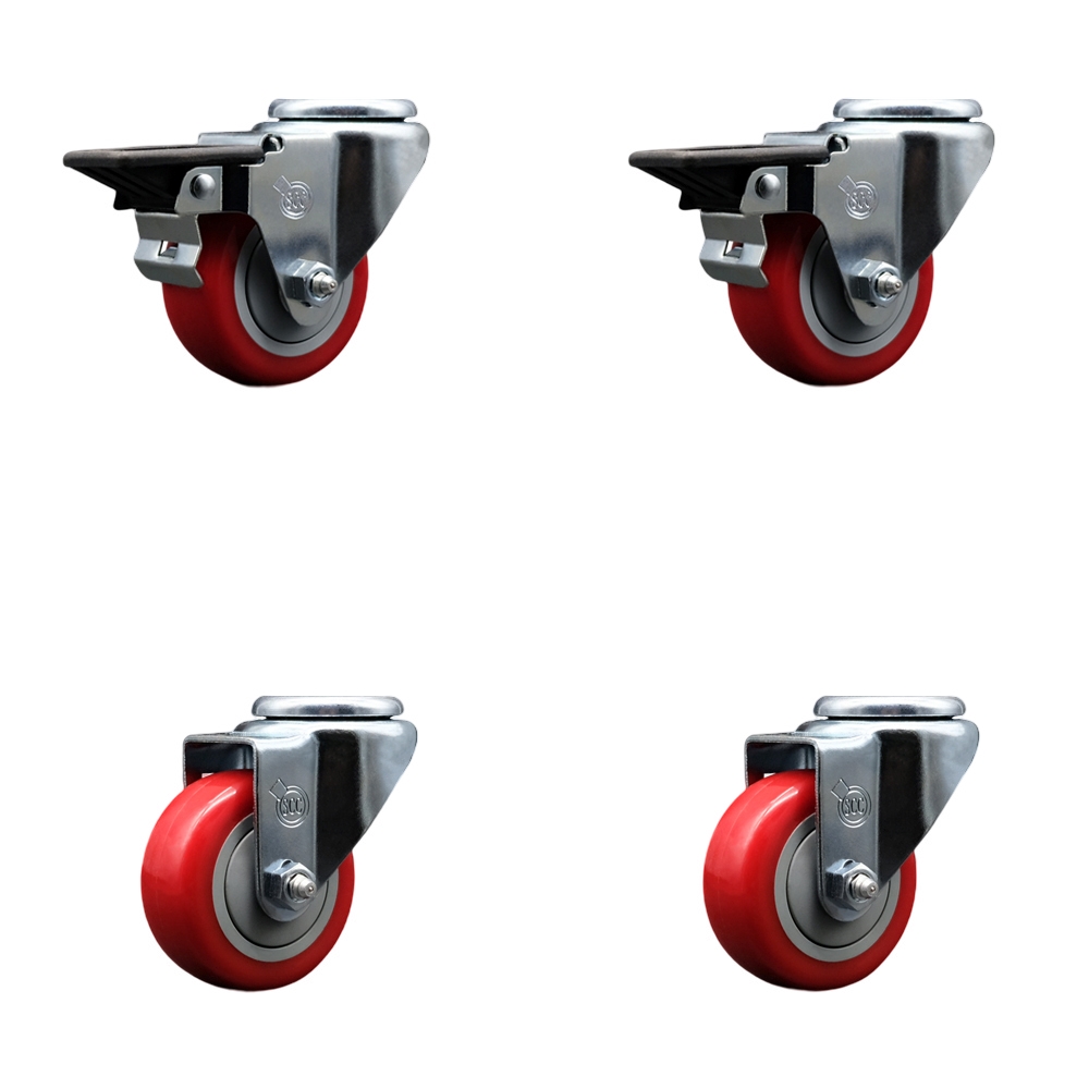 SCC-BH20S314-PPUB-RED-PLB-2-S-2 Polyurethane Swivel Bolt Hole Caster with 3 x 1.25 in. Red Wheels - Set of 4