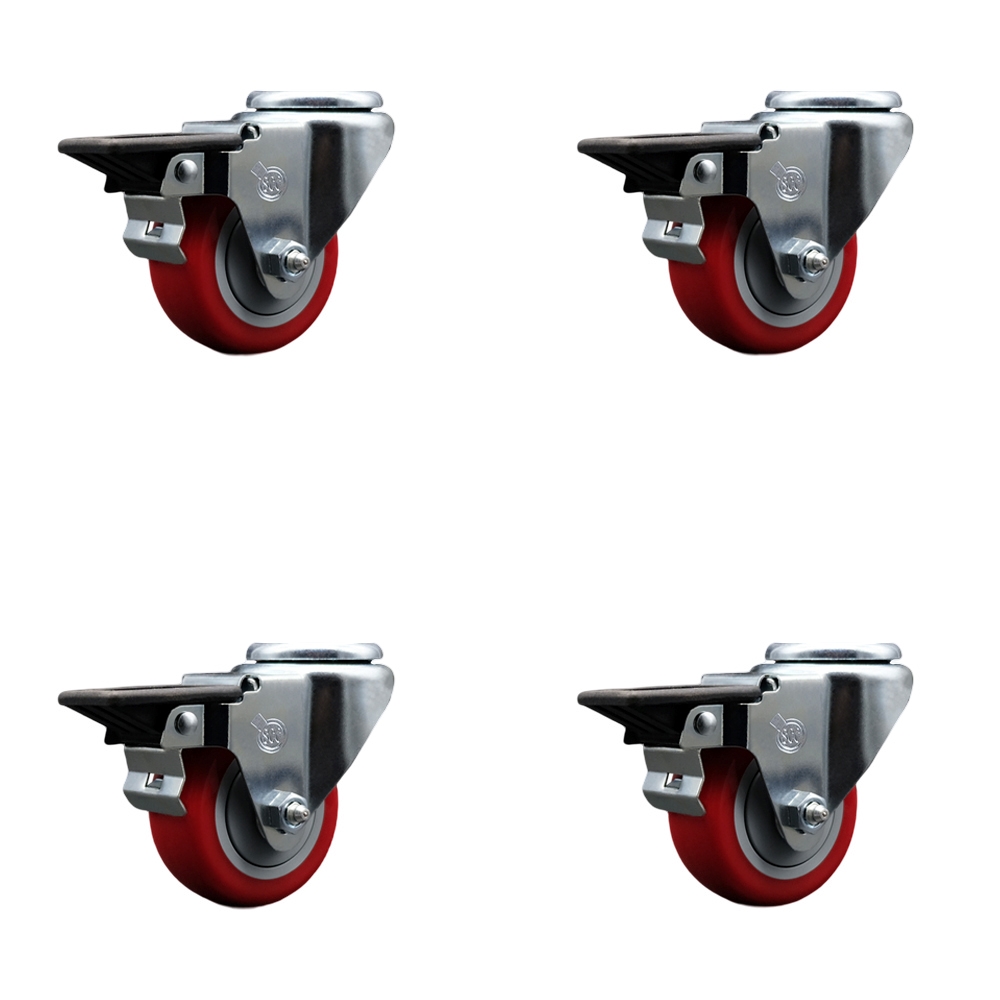 SCC-BH20S314-PPUB-RED-PLB-4 Polyurethane Swivel Bolt Hole Caster with 3 x 1.25 in. Red Wheels - Set of 4