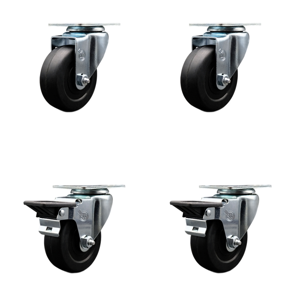 SCC-20S3514-SRS-2-PLB-2 Soft Rubber Swivel Top Plate Caster with 3.5 in. Black Wheels - Set of 4