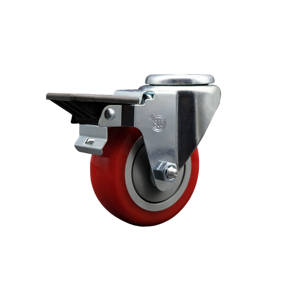 SCC-BH20S3514-PPUB-RED-PLB Polyurethane Swivel Bolt Hole Caster with 3.5 x 1.25 in. Red Wheel & Posi Locking Brake